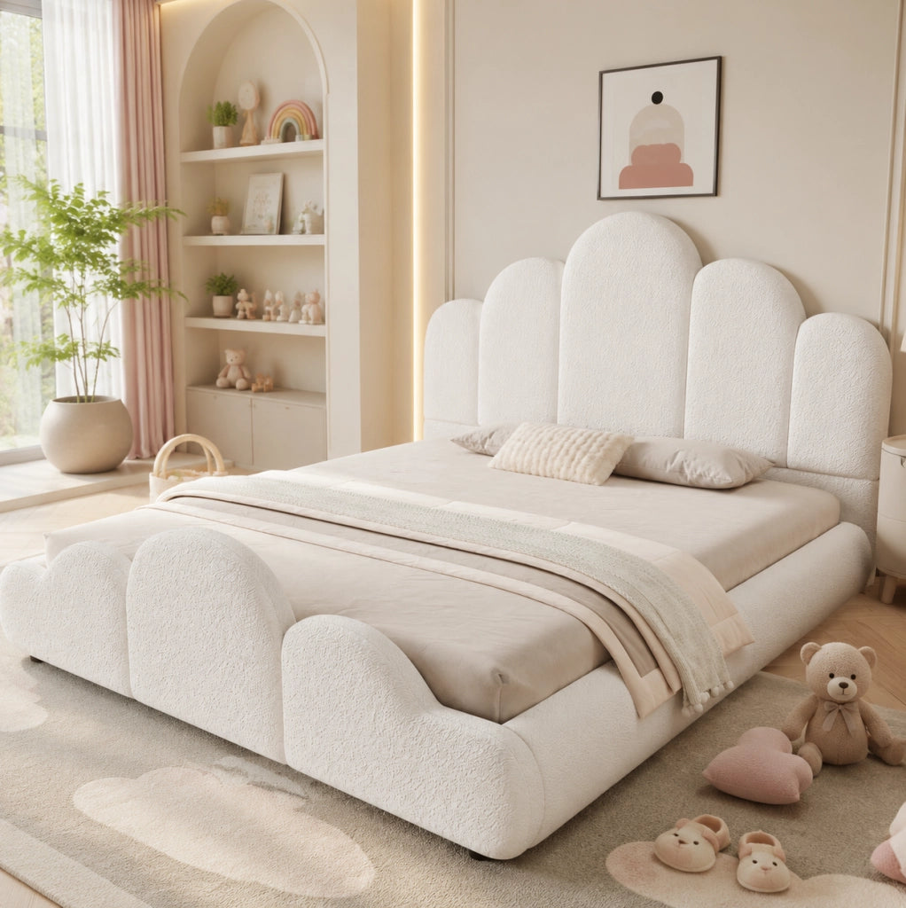 Letto imbottito 140x200 cm con rete; design a nuvola in bouclé beige