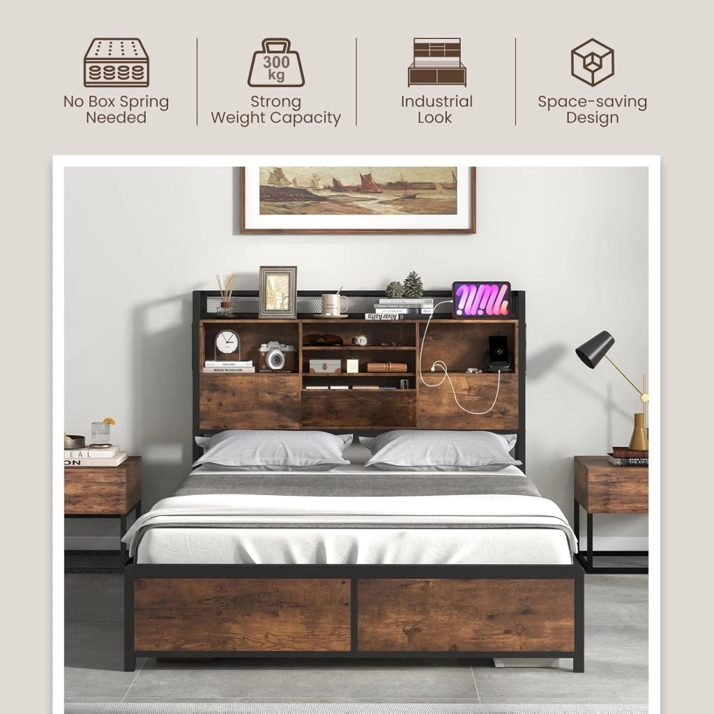 Telaio per letto in metallo industriale, con testata di stoccaggio e stazione di ricarica, con piattaforme matrimoniali/queen con doghe in metallo, design senza rumore (210,5 x 140 cm)
