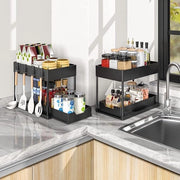 Set di 2 cassetti organizzatori per lavandino, organizzatore per lavandino con 4 ganci e 1 bicchiere appeso, organizzatore per lavandino estendibile 2 livelli, piastra di lavaggio per lavandino armadio bagno