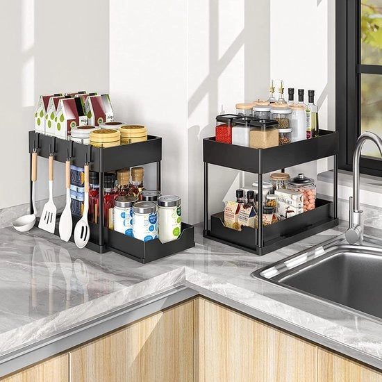 Set di 2 cassetti organizzatori per lavandino, organizzatore per lavandino con 4 ganci e 1 bicchiere appeso, organizzatore per lavandino estendibile 2 livelli, piastra di lavaggio per lavandino armadio bagno