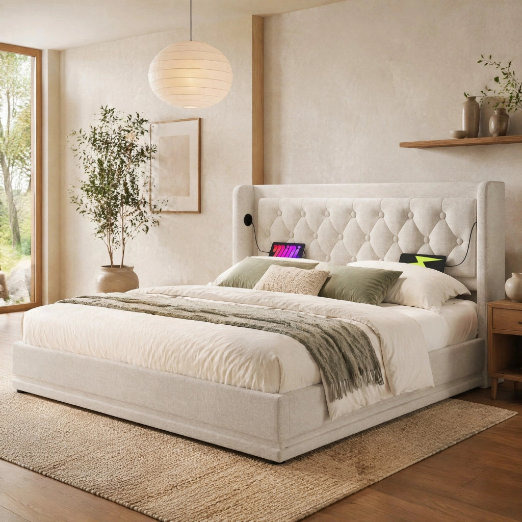 Letto matrimoniale 180x200 cm con contenitore; testiera trapuntata beige in cotone; USB e LED