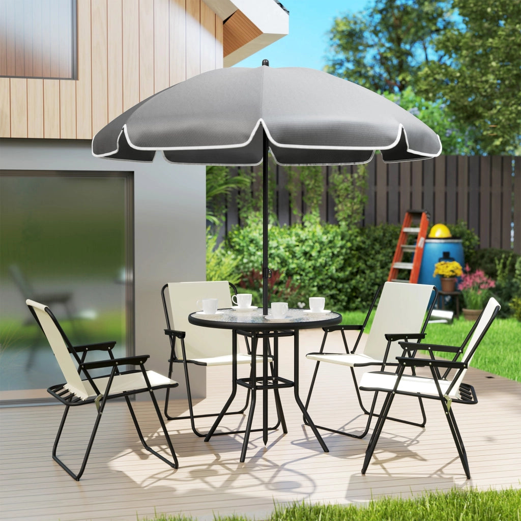 Set da Giardino 6 Pezzi con 4 Sedie Pieghevoli Ombrellone e Tavolo Rotondo  Crema Grigio e Nero