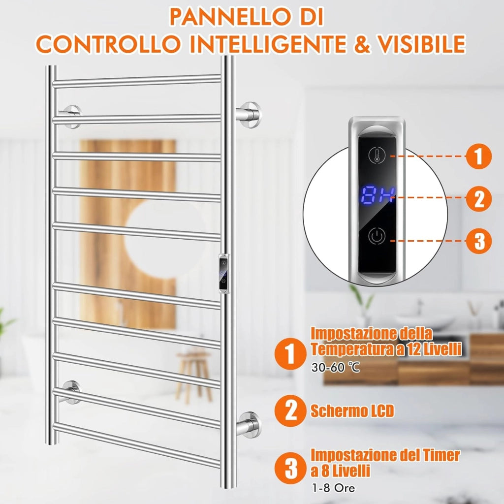 120W Scaldasalviette Elettrico con 10 Barre, Timer e Display LCD, Portasciugamani Elettrico Riscaldato Impermeabile in Acciaio Inox, Argento