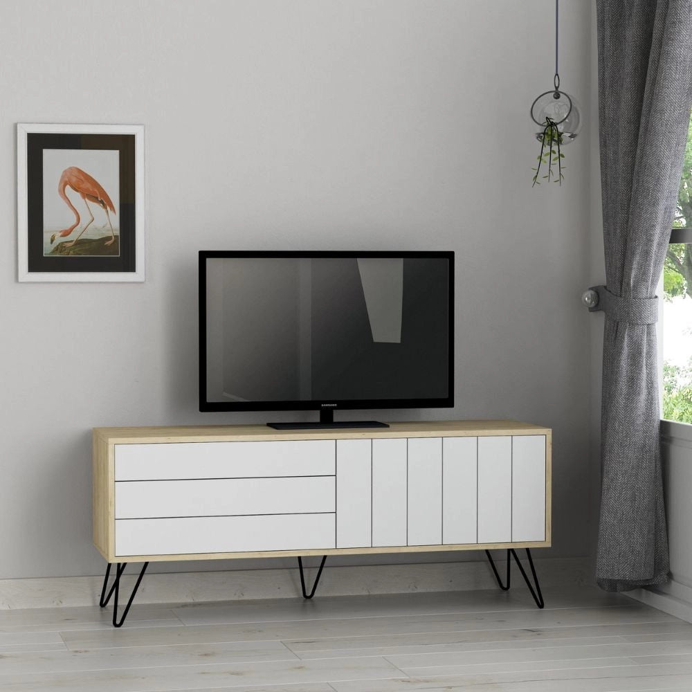 Porta tv Picadilly struttura rovere con 2 ante a ribalta bianche 139.6x35.6x57.5H