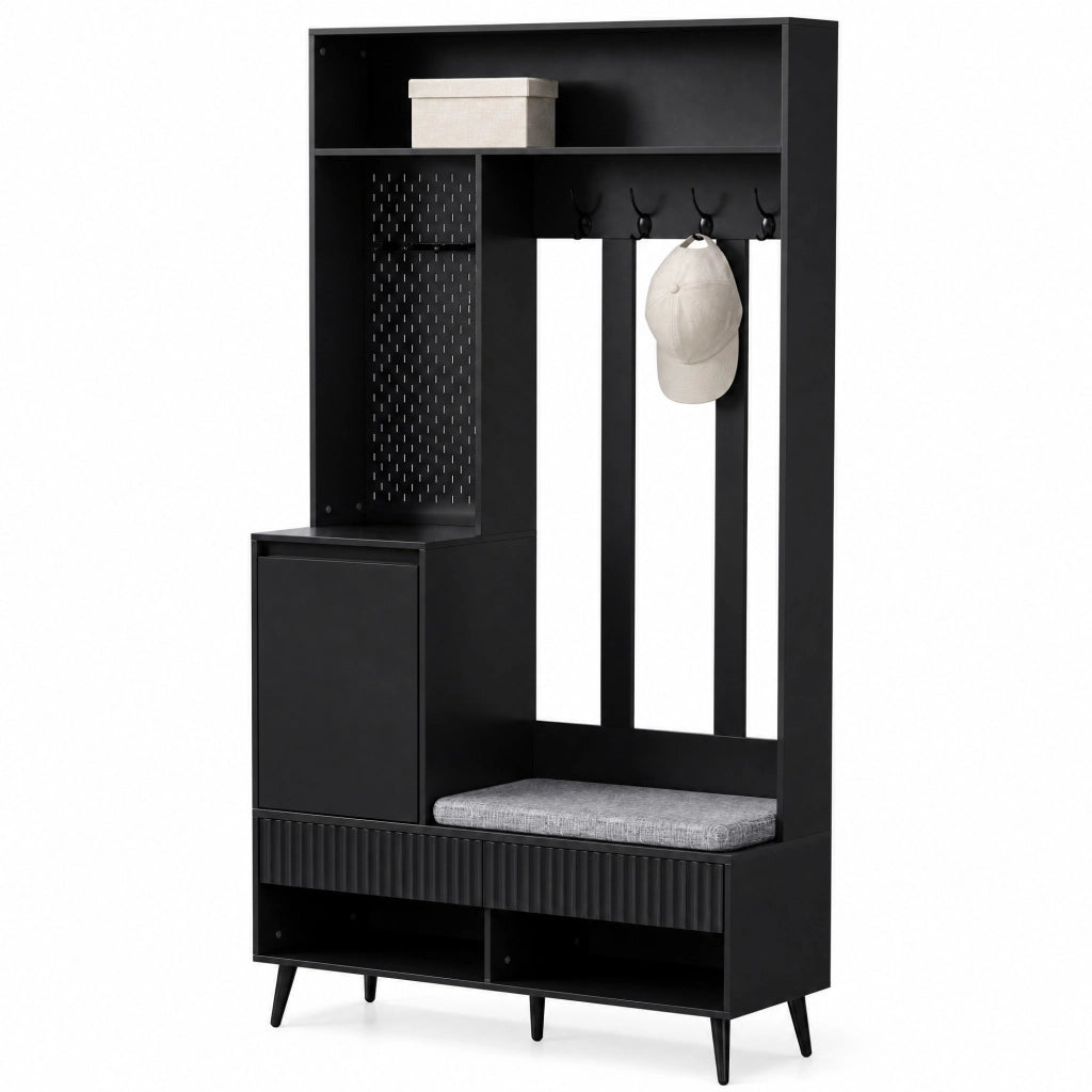 Mobile ingresso multifunzione con panca, 4 ganci, 2 cassetti e vano contenitore, nero, 100 x 35 x 180 cm