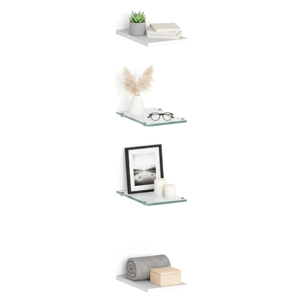 Set di 4 ripiani da Ema, Made in Italy, 2 ripiani in vetro temperato e due in laminato Bianco lucido, cm 20x27h1.6, colore Bianco lucido