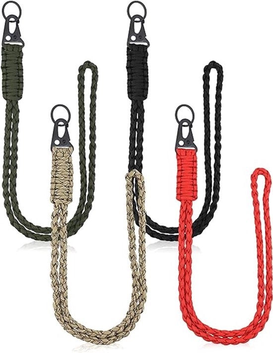 Set di 4 chiavi robuste con corda da paracadutista per uomo e donna, adatto per survival outdoor, compatibile con ID-kaarthouder, badgehouder, camera, portafoglio e chiavi. Disponibile in nero, verde oliva, rosso e mimetico.