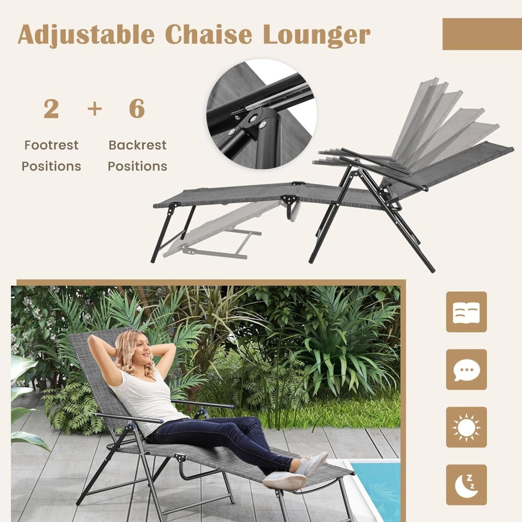 Set di 2 Sedie a Sdraio Pieghevolecon Schienale Regolabile e Poggiapiedi, Capacità di Carico 150 kg, Lettino Prendisole da Giardino Ideali per Patio, Giardino e Piscina, Grigio