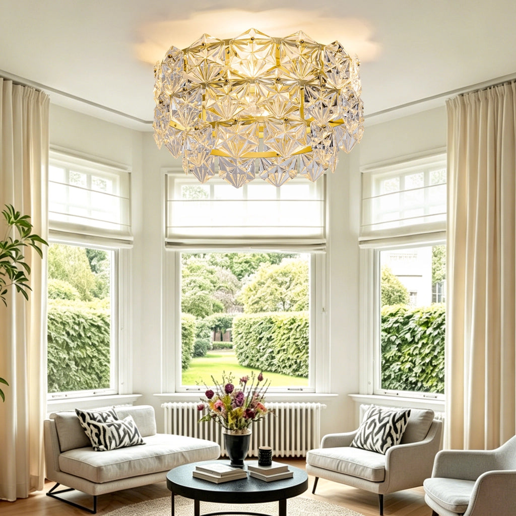 Ventilatore da soffitto con lampada e cristalli; 52x52x30 cm; metallo dorato e vetro