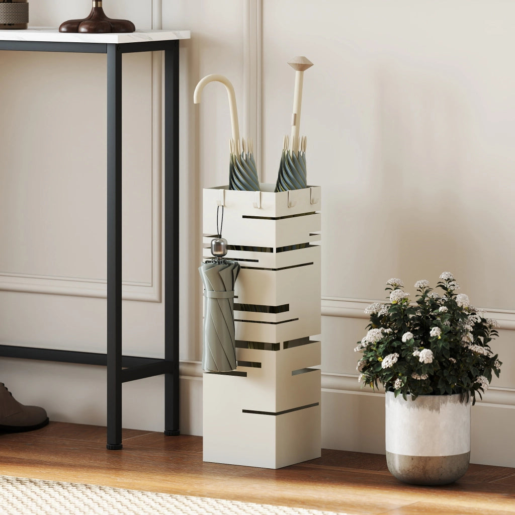 Portaombrelli Quadrato in Metallo con Vassoio e Ganci ¨C Zephmum ¨C 15.5x15.5x49 cm Beige