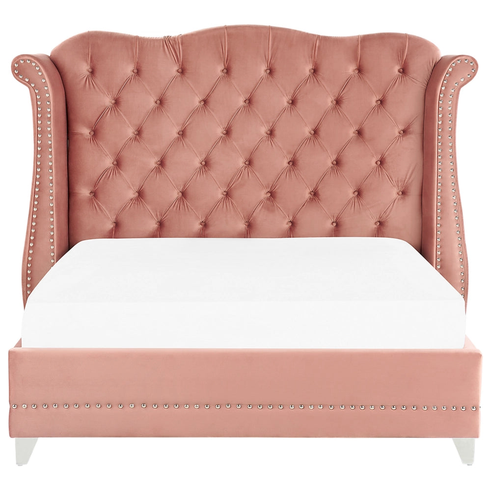 Letto in velluto color rosa 160 x 200 cm testiera alta decorata con bottoncini stile retrò e tradizionale