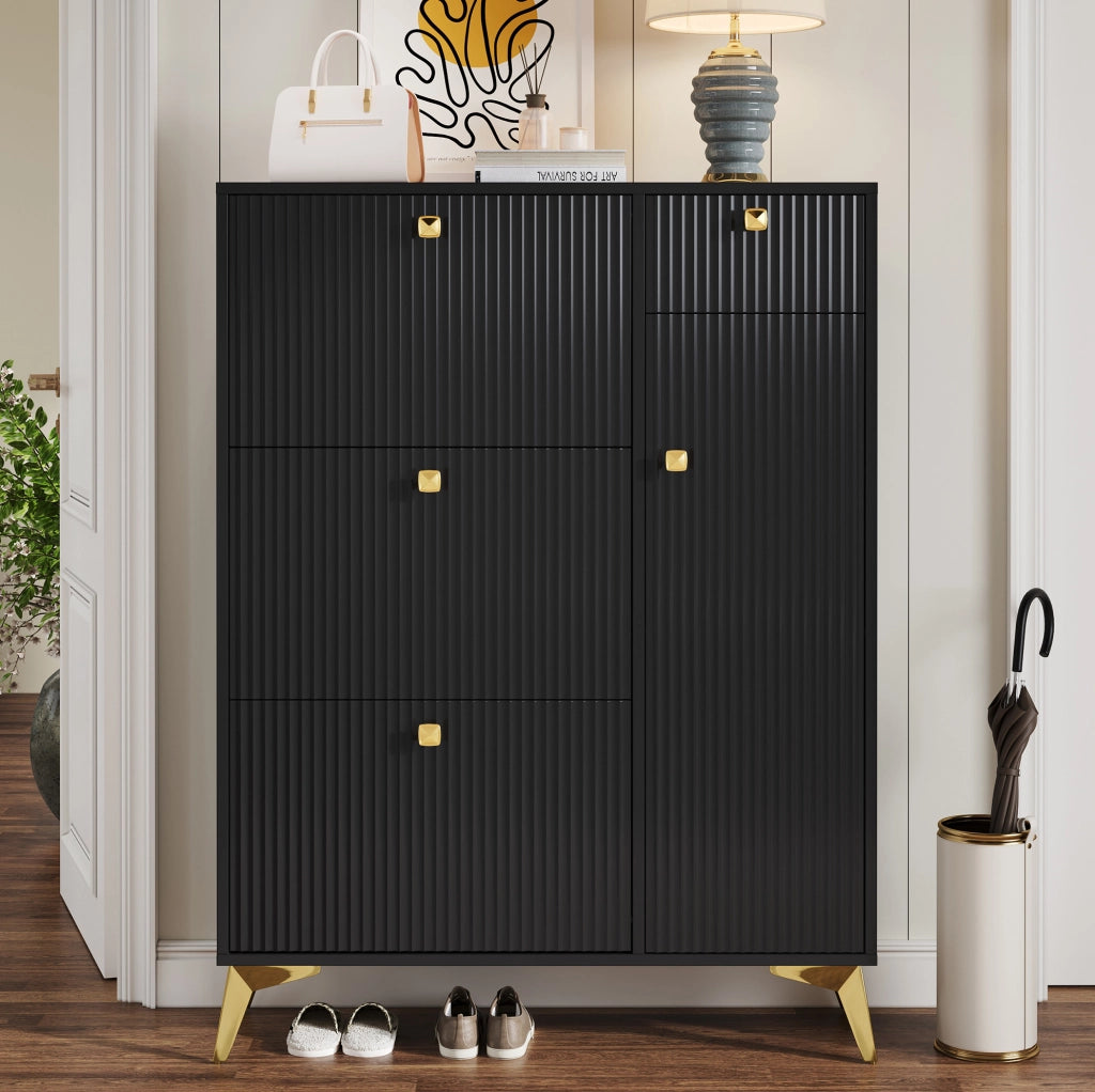 Scarpiera moderna nera con superficie ondulata, 90×25×121 cm
