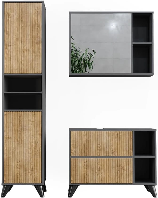 Set di mobili da bagno Leano, Antracite/quercia di montagna, 80 cm, composto da mobile sottolavabo, specchiera e mobile medio