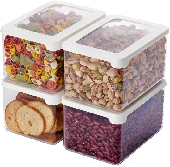 Set di 4 Scatole di Stoccaggio aeree 1,65L in plastica biobasata al 20% con coperchi, BPA libero, resistente al lavastoviglie – Organizzatore da cucina da accumulare – 18 x 12,5 x 10 cm