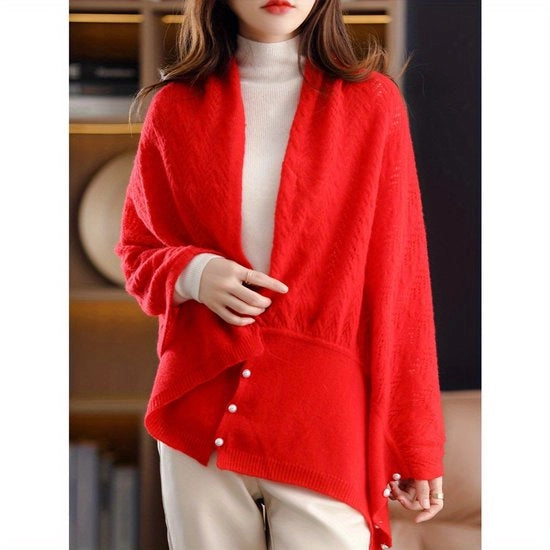 Sfumatura elegante, scialle di lana soffice per donne con bottoni a perle - scialle multiforme, rosso, adatto per occasioni casuali o formali, impermeabile al vento e caldo, accessorio di moda | scialle elegante | scialle di lana