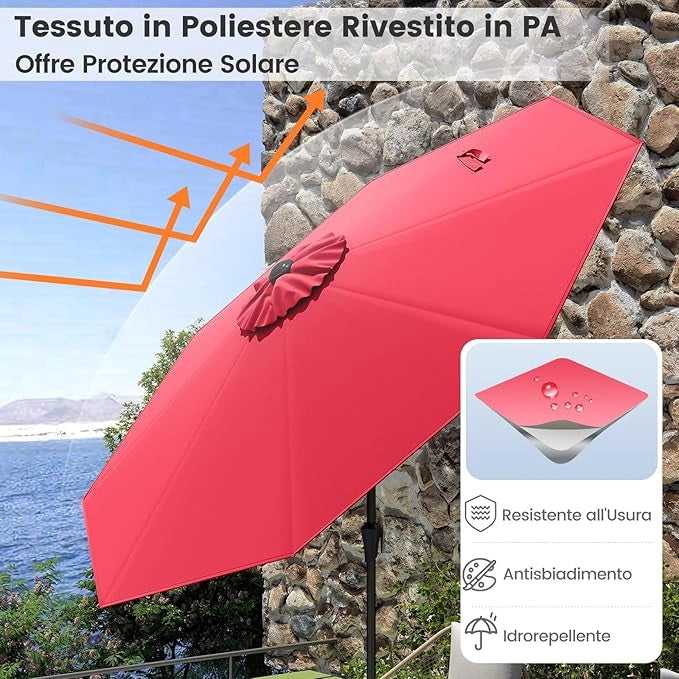 Ombrellone da Giardino 270 cm, Ombrellone da Esterno con Inclinazione Regolabile, Manovella, 8 Stecche, Tettuccio Ventilato, Ombrellone Parasole per Spiaggia, Bordo Piscina