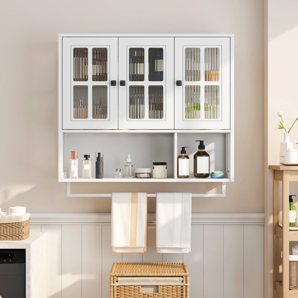 OKWISH Armadietto Bagno Sospeso con 3 Ante, 1 Vano Aperto e Portasciugamani, 88 x 26 x 82.5 cm