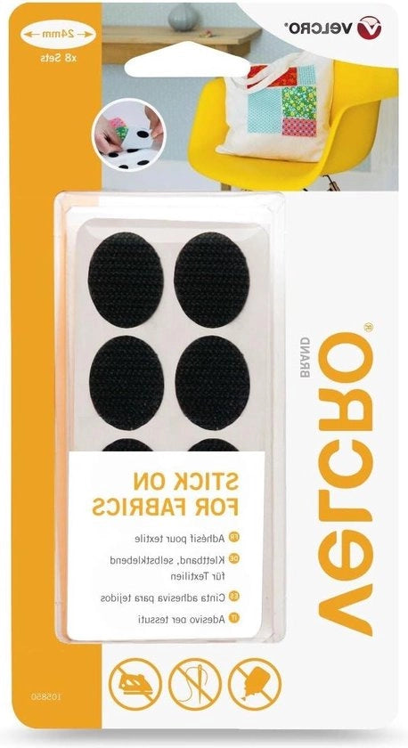 Ovali Adesivi per Tessuti | Ovali Autoadesivi con Fermo Velcro da Tagliare a Misura per Riparazioni e Rifinitura di Abiti - Nero - 24mm - Set di 8
