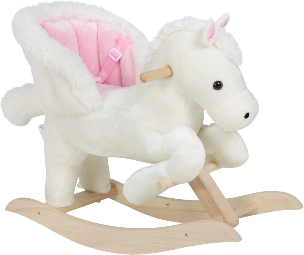 Cavallo a Dondolo in Legno Cavalluccio per Bambini Peluche Giocattolo Cavalcabile con Suoni e Cintura di Sicurezza Regalo Bimbi 1/2/3 Anni, Bianco e Rosa