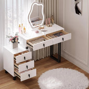Toeletta con Luce LED, Luminosità Regolabile, Specchio a Nuvola, Piano Lucido, 5 Cassetti in Legno Massiccio, 1 Cassettiera, Moderno, Bianco e Nero, MB6118ws