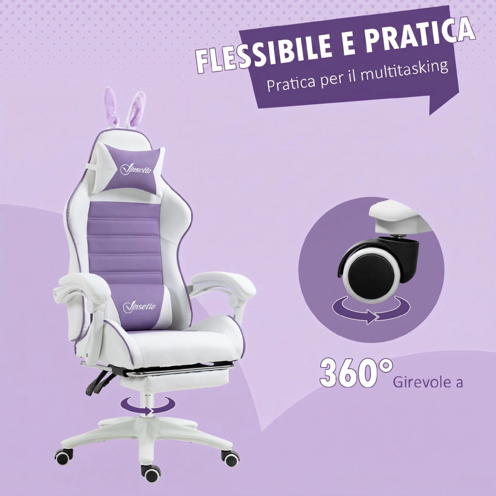 Sedia Gaming con Orecchie da Coniglio, Poggiapiedi, Cuscini, Reclinabile e Altezza Regolabile, Viola