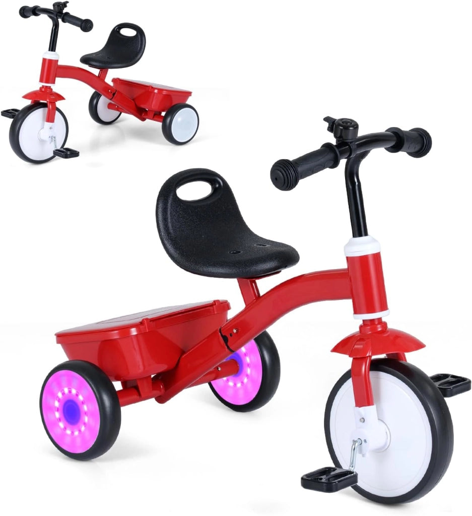 Triciclo Bambini 3-5 Anni, Triciclo Evolutivo con Ruote Luminose, Sedile Regolabile in 4 Posizioni, Pedali Rimovibili, Vano Portaoggetti Posteriore, Carico 25 KG, Regalo Bambino 3-5 Anni