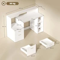 Scrivania con 2 cassetti, scaffali aperti e mensola per stampante, 137x55x92 cm, Bianco