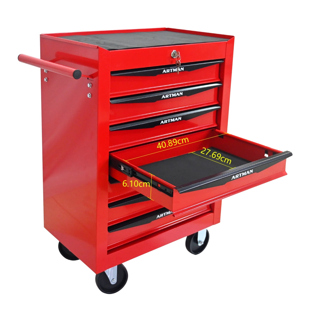Carrello portautensili con 7 cassetti e chiusura, in acciaio, su ruote, per garage, rosso nero, 60 × 33 × 77,5 cm