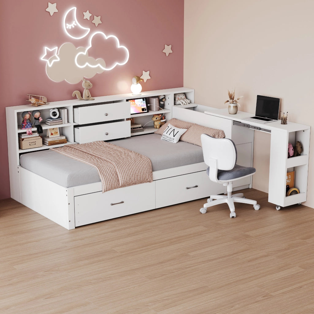 OKWISH Letto a Divano 90×200 cm, Letto Singolo con 2 Cassetti, USB, Presa e Scrivania Estraibile, senza Materasso, in Legno, Bianco