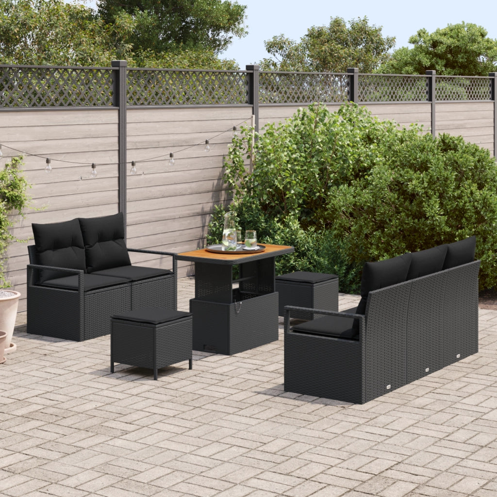 Set Divano da Giardino 8 Pezzi con Cuscini Nero Polyrattan Acacia
