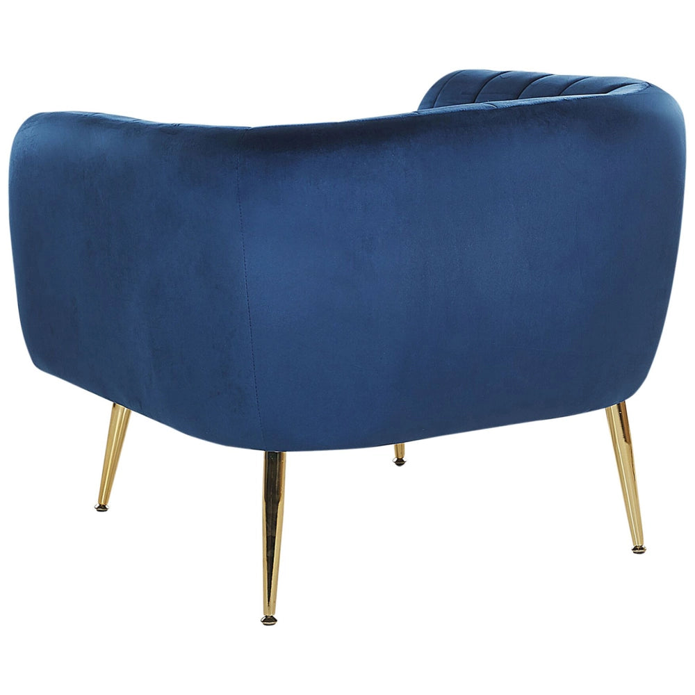 Poltrona Velluto Blu Struttura In Metallo Dorato Con Schienale Tondo Stile Glam
