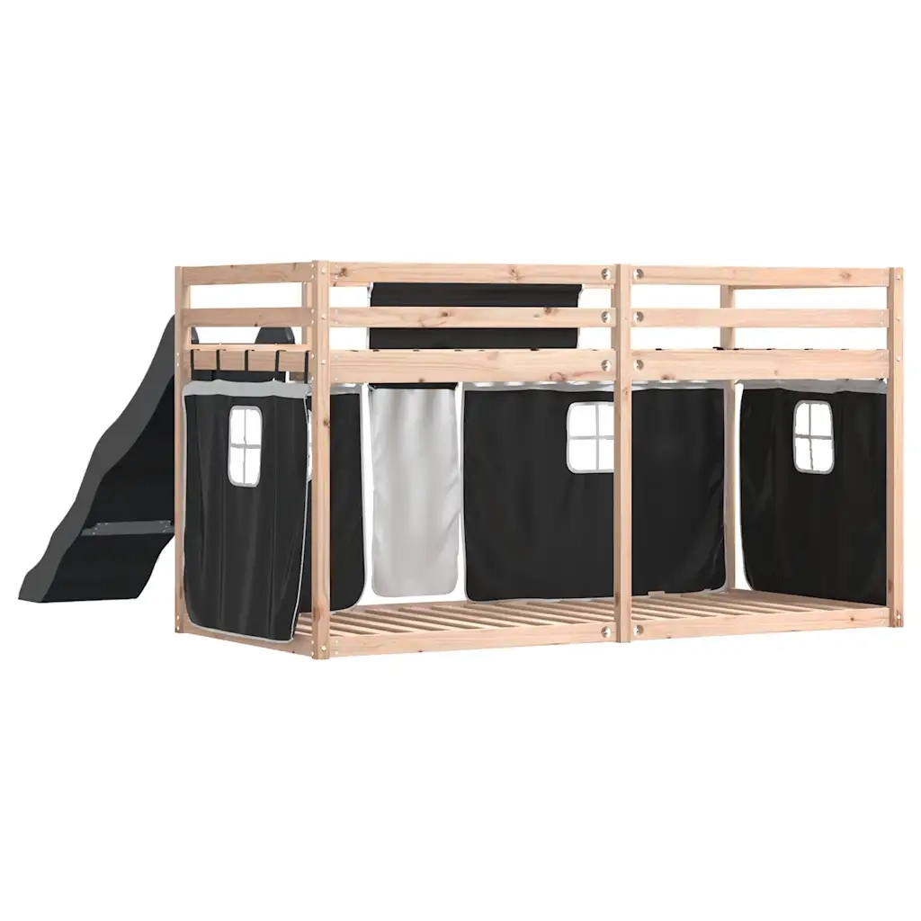 Letto singolo | Letto per adulti | Letto a Castello con Scivolo e Tende Bianco e Nero 80x200 cm