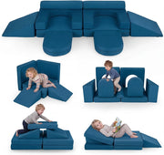 Divano da Gioco per Bambini Trasformabile, Poltrona Modulare a 10 Pezzi, Tessuto Suede e Schiuma ad Alta Elasticità, Divanetto per Bambini 3+ Anni, per Camerette, Soggiorno e Studio (Blu)