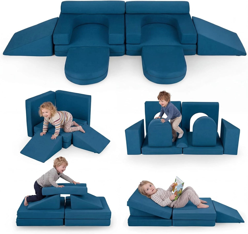 Divano da Gioco per Bambini Trasformabile, Poltrona Modulare a 10 Pezzi, Tessuto Suede e Schiuma ad Alta Elasticità, Divanetto per Bambini 3+ Anni, per Camerette, Soggiorno e Studio (Blu)