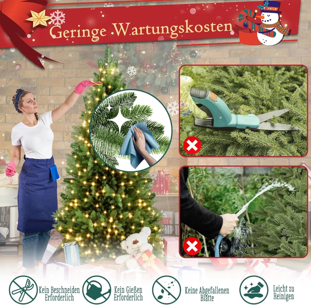 Albero di Natale Artificiale con Illuminazione 150 cm in PVC/PE Abete di Natale con Base in Legno Alberi di Natale Christmas Tree Decorazione Natalizia