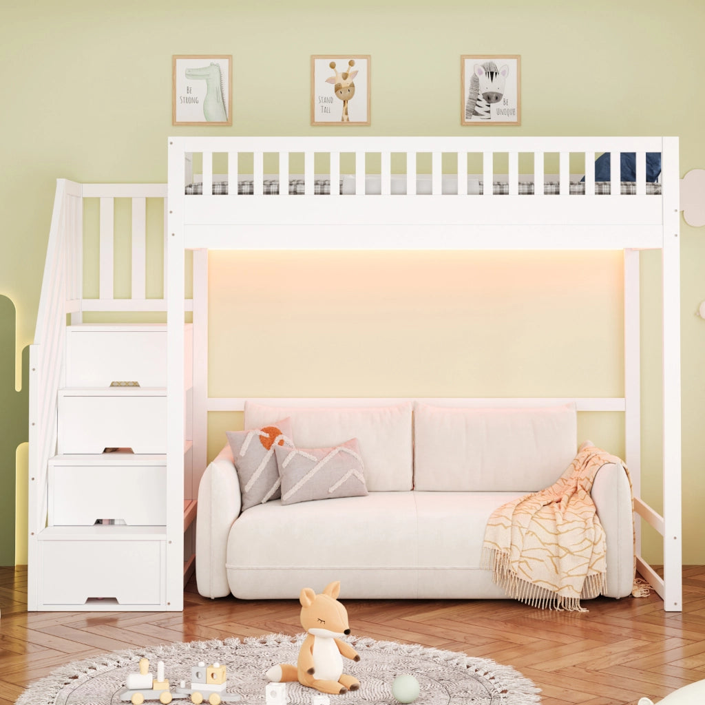 Letto a soppalco 90 x 200 cm con scala contenitore reversibile e LED; bianco