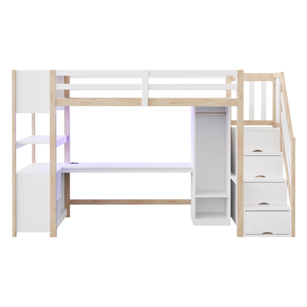 LETTO a soppalco 90x200 cm in legno bianco/naturale con scrivania e armadio