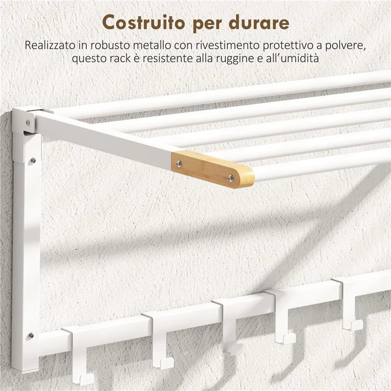 PORTASCIUGAMANI A PARETE PIEGHEVOLE CON 5 BARRE E 6 GANCI IN LEGNO E ACCIAIO, 60X32.5X20 CM, BIANCO
