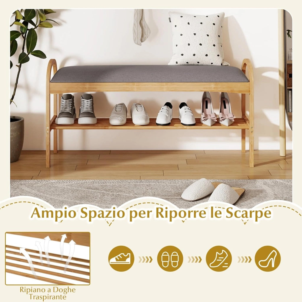 Scarpiera con Cuscino, Panca Porta Scarpe in Bambù per Ingresso con Ripiano, Panca Imbottita per Ingresso Corridoio Camera da Letto (Stile 1)