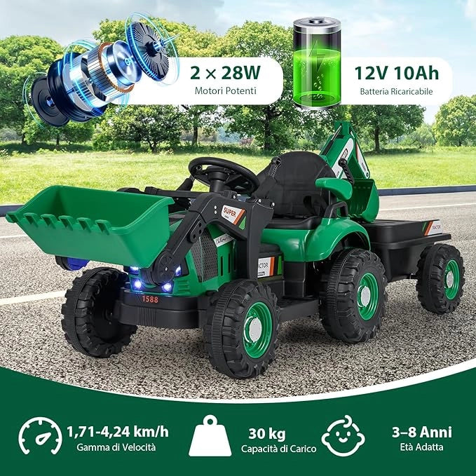 4 in 1 Trattore Elettrico per Bambini, Trattore Cavalcabile per Bambini 3-8 Anni con Telecomando Rimorchio e Cucchiaia Staccabile, Velocità Regolabile, Doppi Motori (Verde)
