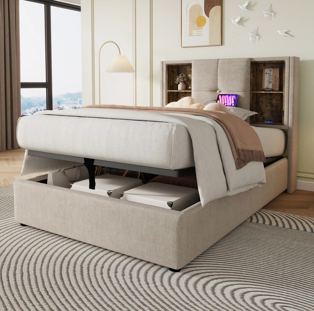 Letto imbottito 90x200 cm con contenitore; ricarica wireless; USB e Type-C; lino naturale