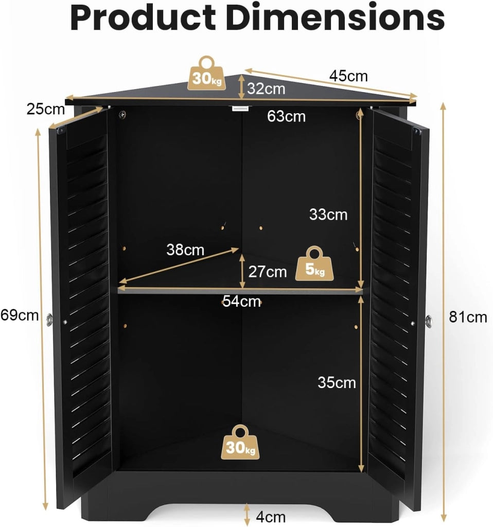 Armadio Angolare, Mobile Angolare con 3 Ripiani e 2 Ante, Adatto per Bagno, Ingresso, Soggiorno, Camera da Letto, Ufficio, 3 Colori, 63x31,5x81cm (nero)