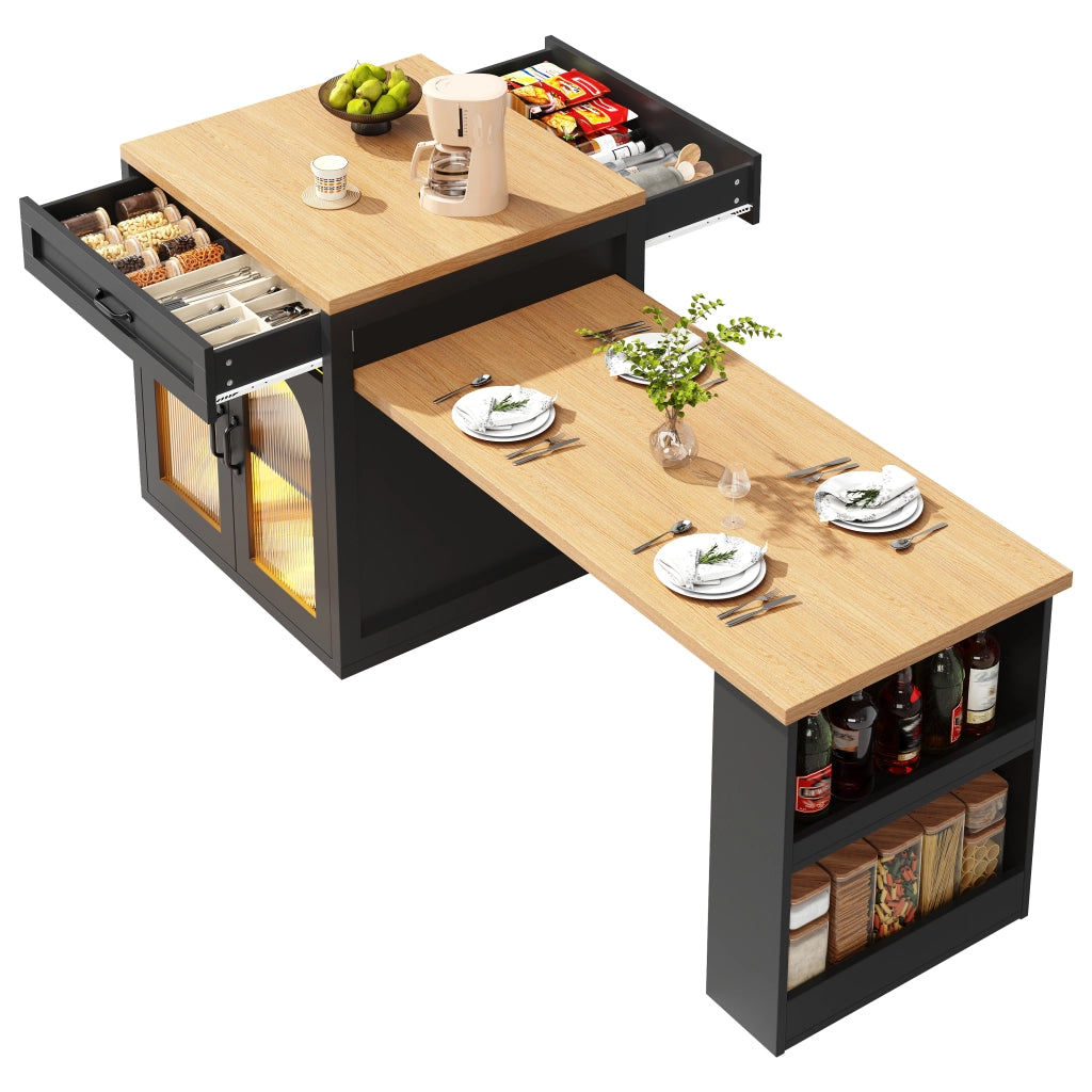 Isola da cucina estraibile con LED - Zephmum - 2 cassetti, ante in vetro, piano in MDF