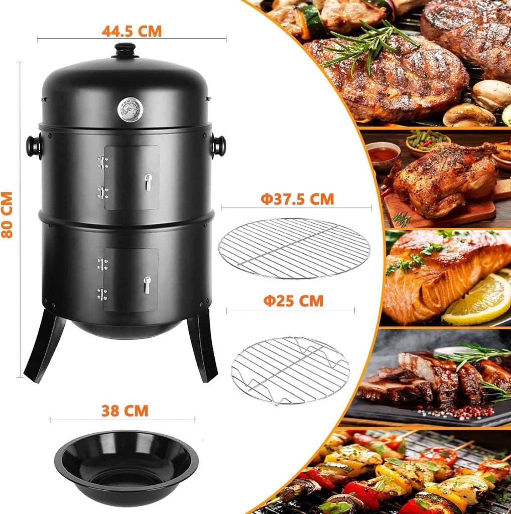 Affumicatore 3 in 1, Barbecue Carbonella, Griglia per Affumicatura con 2 Griglie in Acciaio Inossidabile, Termometro, Barbecue a Carbone, Affumicatore con Coperchio, Ø44,5 x80 cm Affumicatoi, Nero