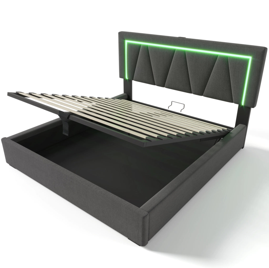 Letto contenitore 160x200 cm con testiera regolabile; LED; USB C; USB; grigio