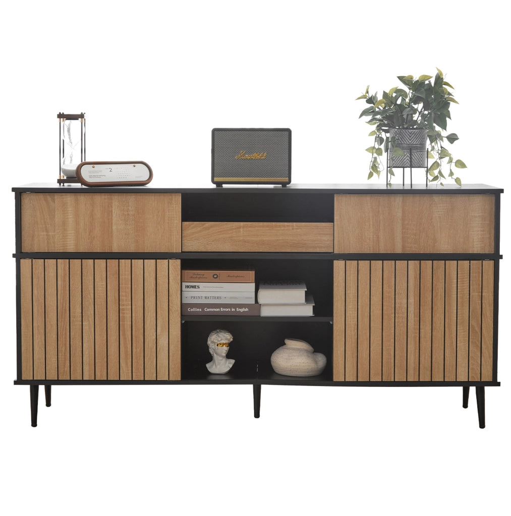 Credenza con ante scorrevoli effetto rovere e nero, 160 cm