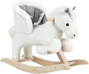 Cavallo a Dondolo in Legno Cavalluccio per Bambini Peluche Giocattolo Cavalcabile con Suoni e Cintura di Sicurezza Regalo Bimbi 1/2/3 Anni, Bianco e Grigio