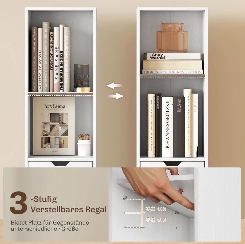 Libreria stretta bianca con cassetto, anta e ripiano regolabile