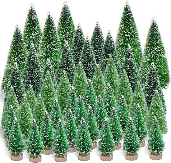 Miniatura di albero di Natale in legno con base di legno, effetto neve, 48 pezzi, decorazione di Natale per festa e tavola.
