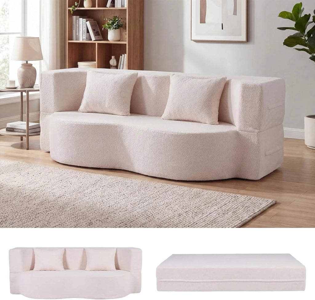 2 in 1 Divano Letto Pieghevole, Divano a 2 Posti in Pile Teddy con 2 Cuscini Comodi, Nessun Montaggio, Divanetto Convertible Moderno per Soggiorno Camera Ospiti, 192,5x84x62 cm (Grigio)